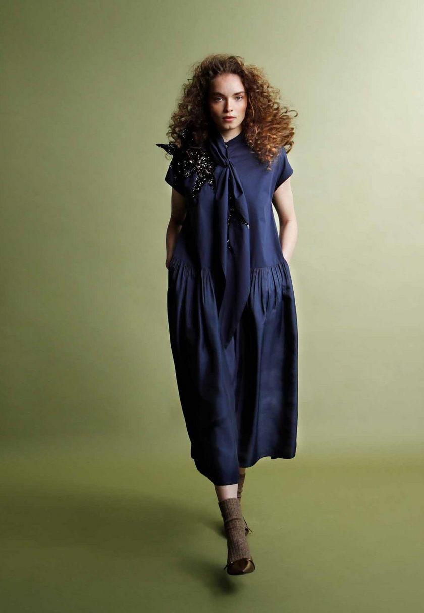 Navy Poplin Embellished Midi Dress