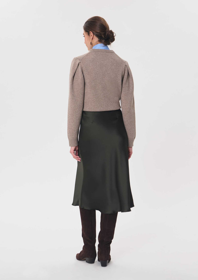 Tara Jarmon- Julia Skirt in Kaki. Available at Edit by Elaine Turner in Houston, TX. Model back view. 