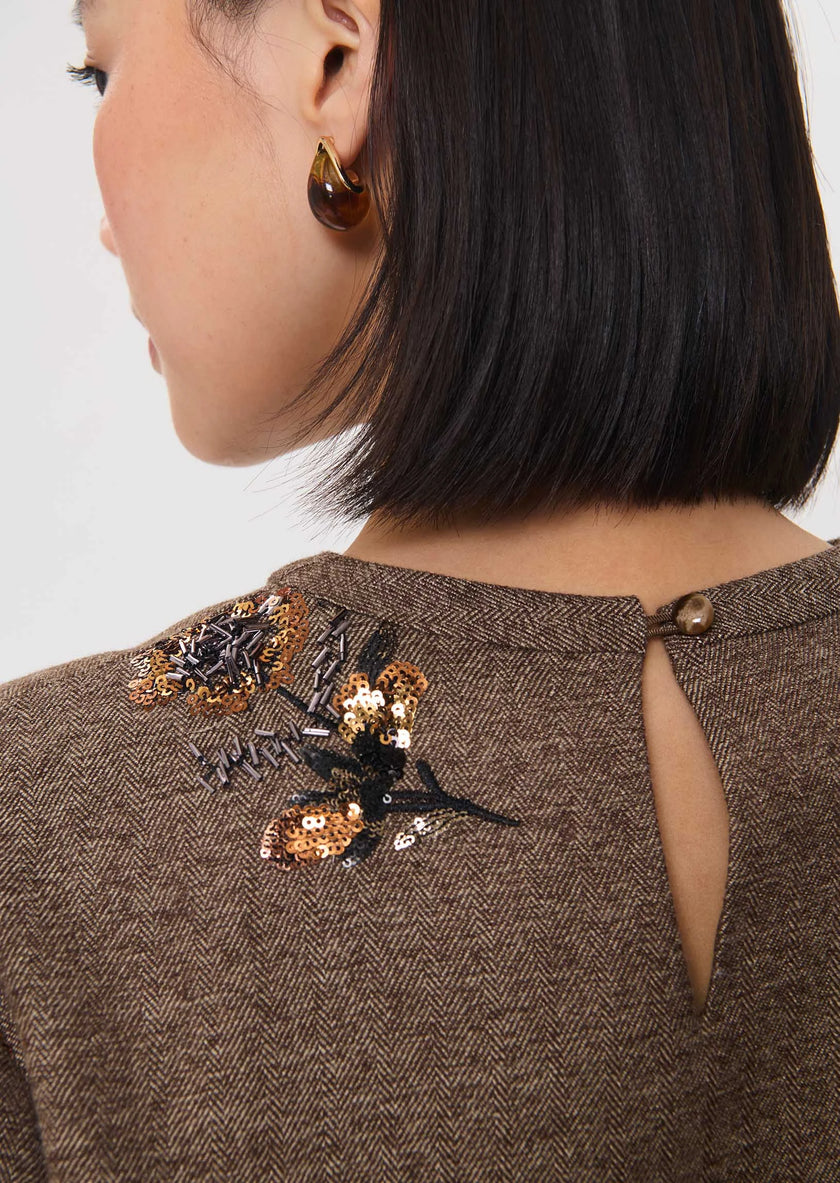 Tara Jarmon Romia Dress in Caramel. Available at Edit by Elaine Turner in Houston, TX. Back close up view. 