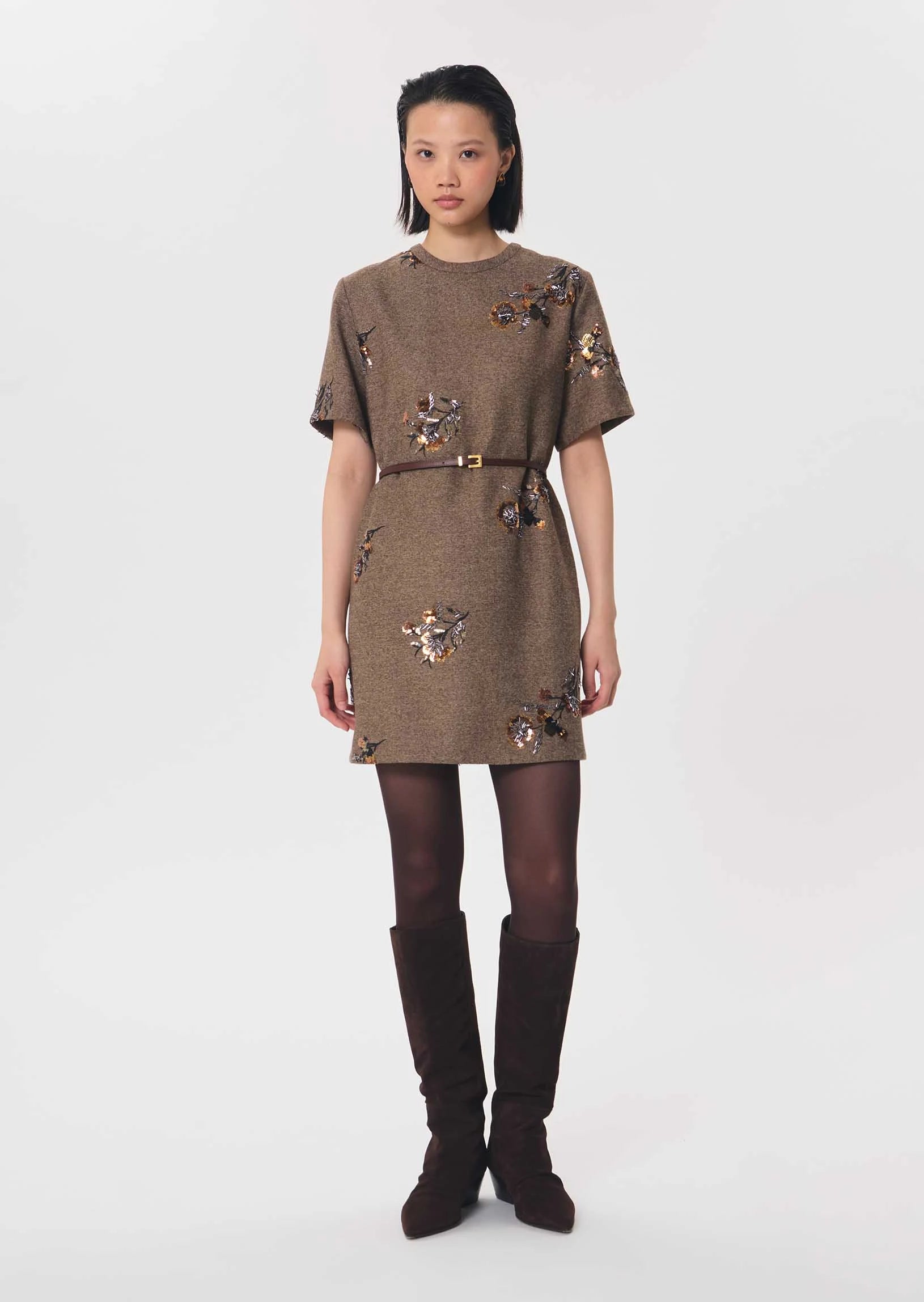 Tara Jarmon Romia Dress in Caramel. Available at Edit by Elaine Turner in Houston, TX. Model front view. 