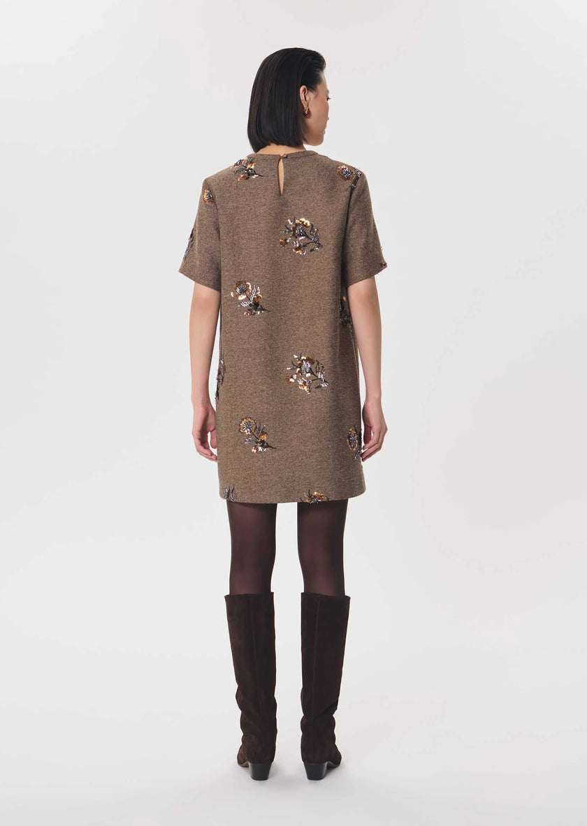 Tara Jarmon Romia Dress in Caramel. Available at Edit by Elaine Turner in Houston, TX. Model back view. 