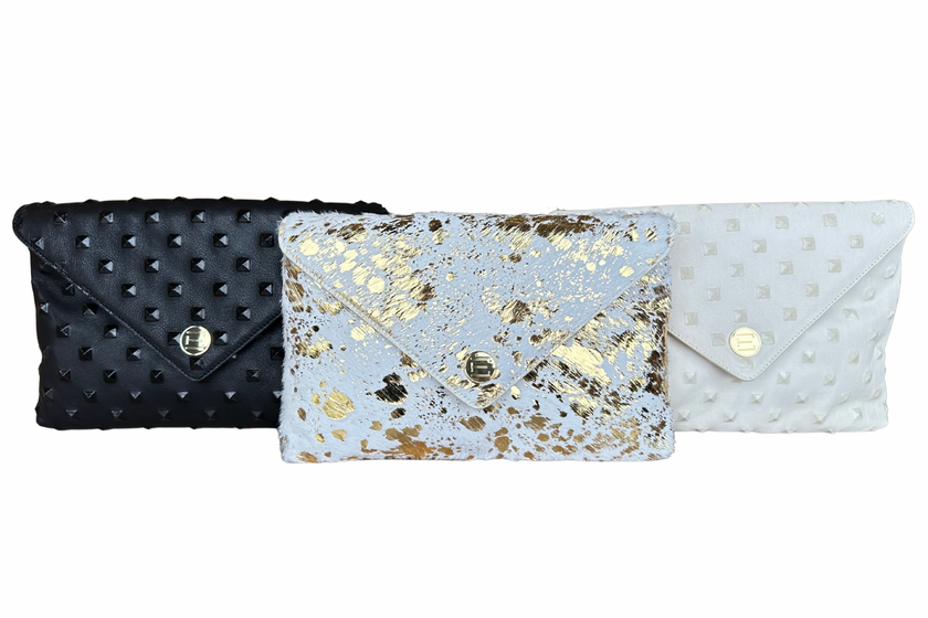 Bella Clutch- Black Embossed Studded Leather