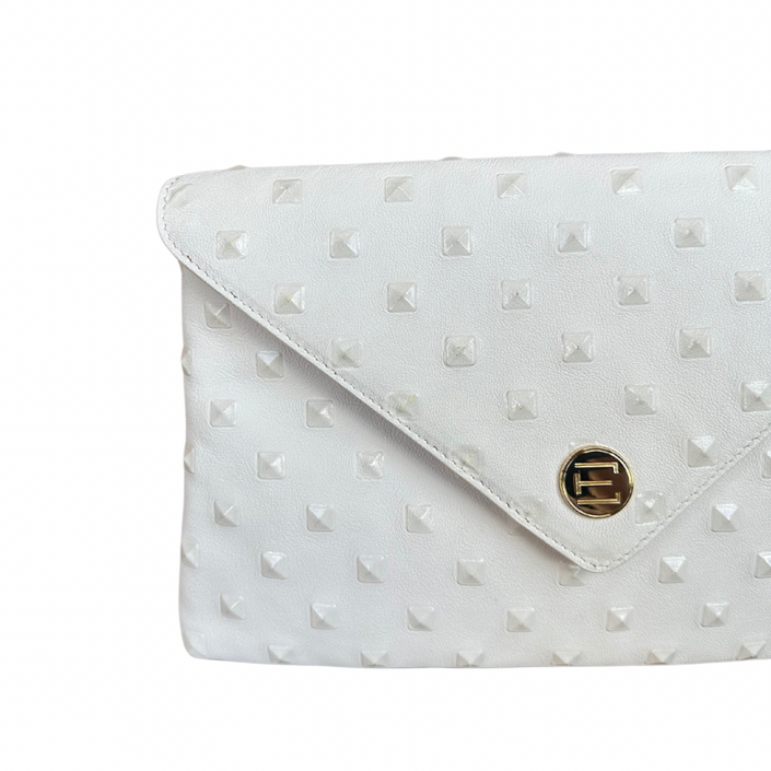 Bella Clutch- White Embossed Studded Leather
