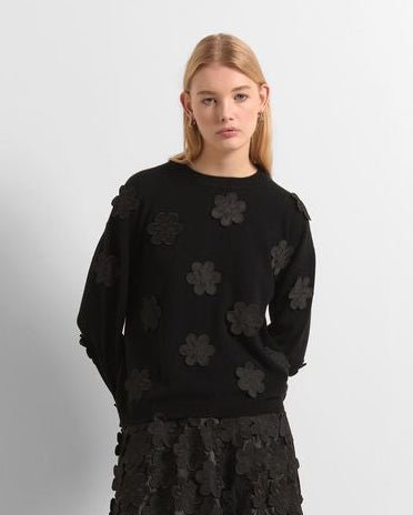 Beatrice B- Crewneck Sweater with Embroidered Applique - Black - Edit by Elaine Turner