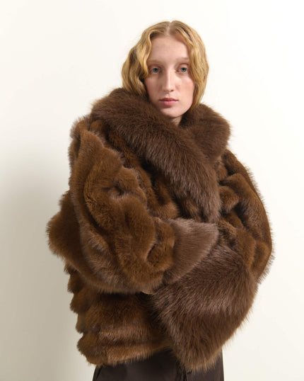 Beatrice B- Cropped Faux Fur Jacket with Maxi Collar - Brown - Edit by Elaine Turner