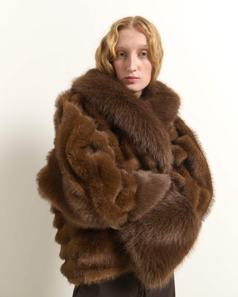 Beatrice B- Cropped Faux Fur Jacket with Maxi Collar - Brown - Edit by Elaine Turner