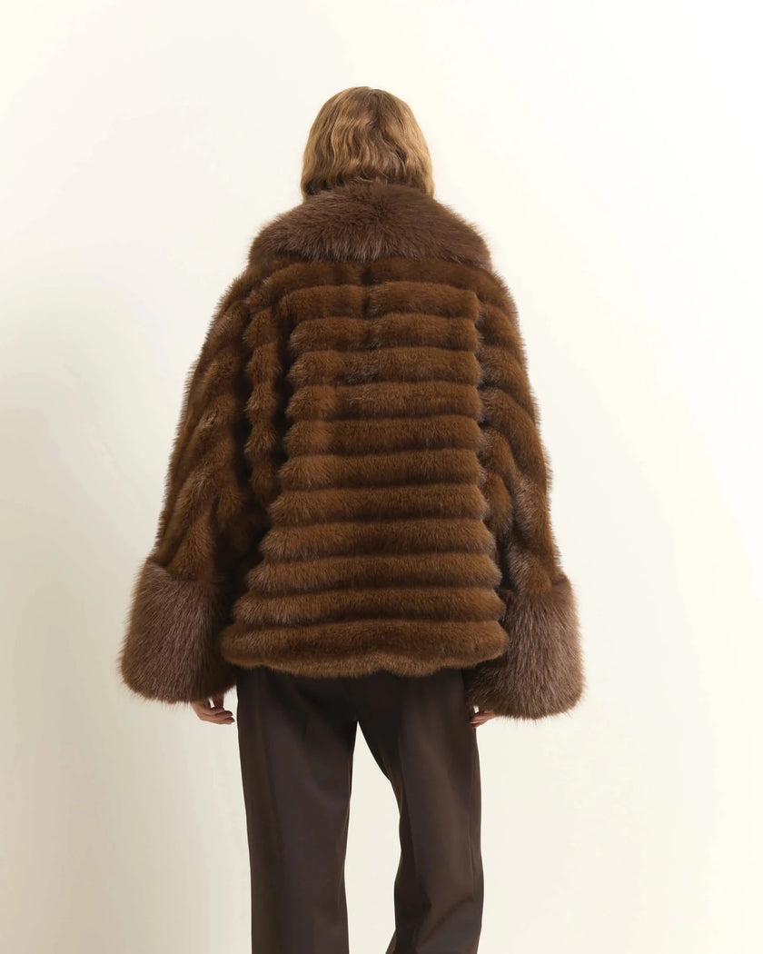 Beatrice B- Cropped Faux Fur Jacket with Maxi Collar - Brown - Edit by Elaine Turner