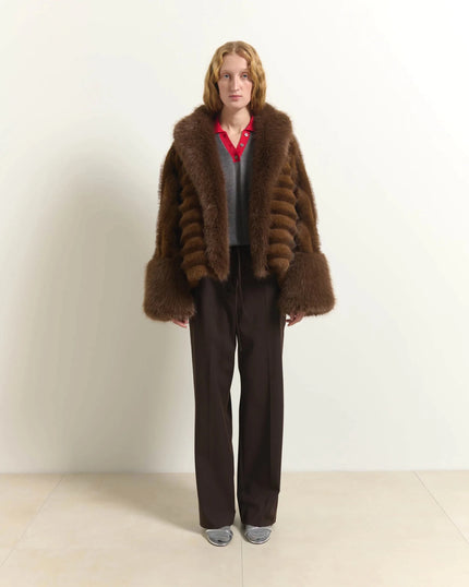 Beatrice B- Cropped Faux Fur Jacket with Maxi Collar - Brown - Edit by Elaine Turner
