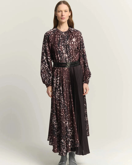 Beatrice B- Printed Silk Midi Dress with Pleats - Burnt Amber - Edit by Elaine Turner