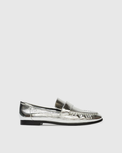 Black Suede Studio- Arrow Loafer - Silver Crinkled Metallic Leather - Edit by Elaine Turner