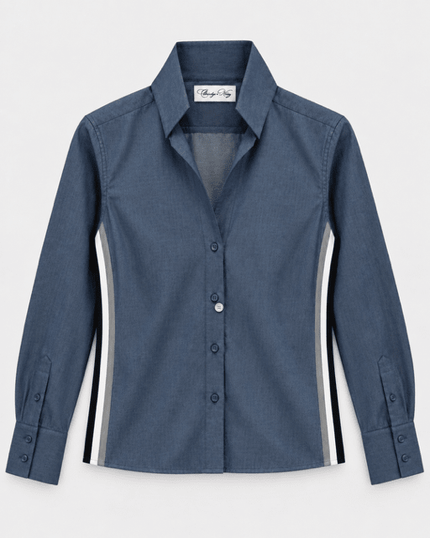 Claridge & King- The League Crop Shirt - Dark Blue Denim with Stripe Trim - Edit by Elaine Turner