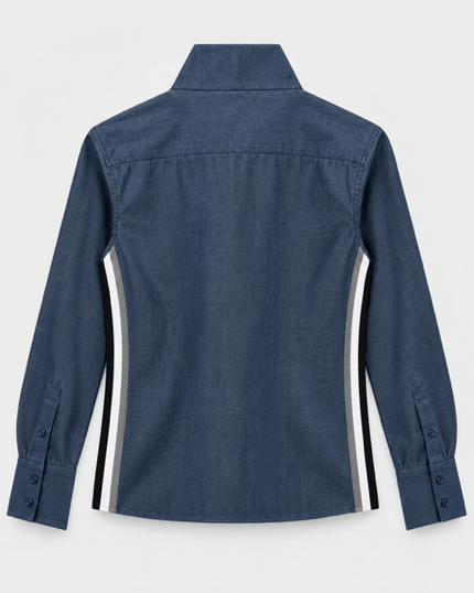 Claridge & King- The League Crop Shirt - Dark Blue Denim with Stripe Trim - Edit by Elaine Turner