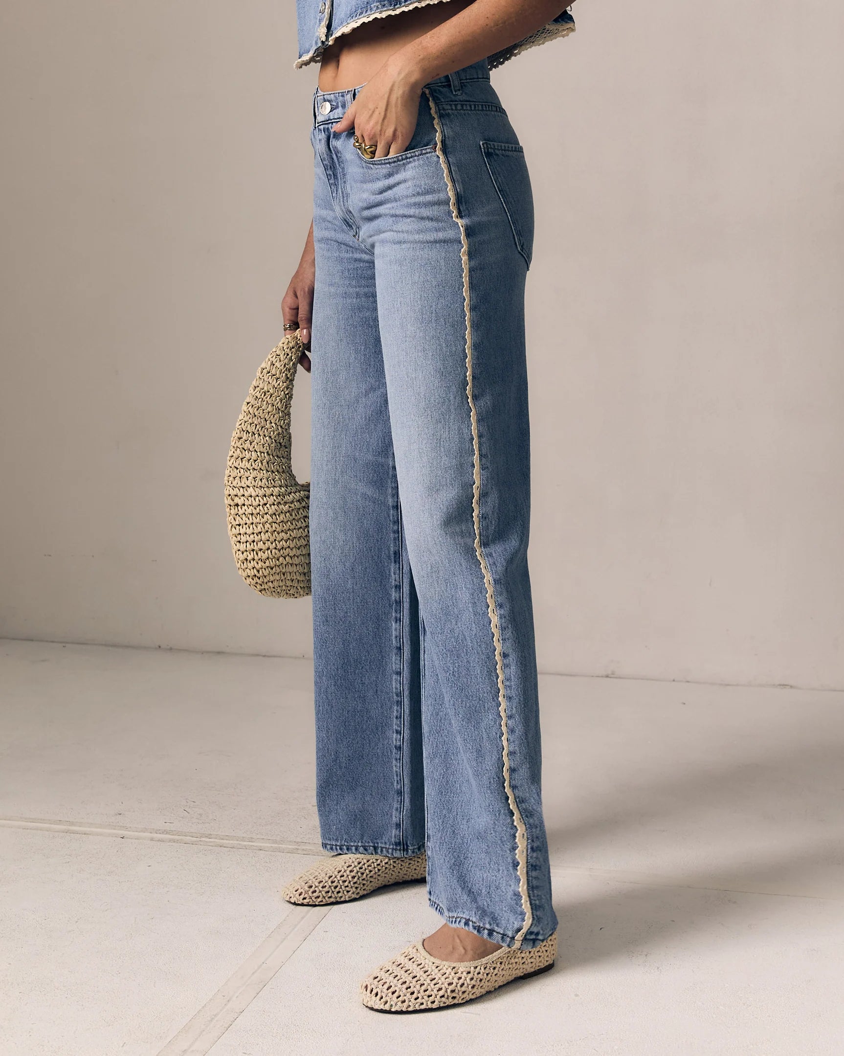 Le Jean- Crochet Trim Column Jeans- Mid Rise