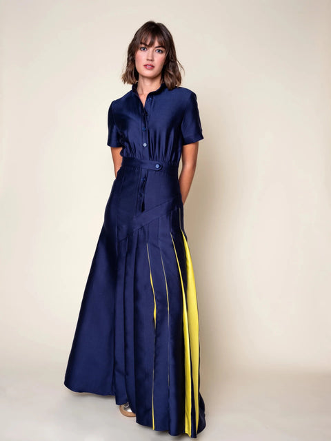 Daniel Gonzalez- Ella Asymmetrical Pleated Dress- Deep Ocean - Edit by Elaine Turner