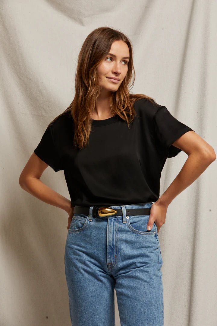 Delphine Satin Crew Neck Tee- True Black - Edit by Elaine Turner