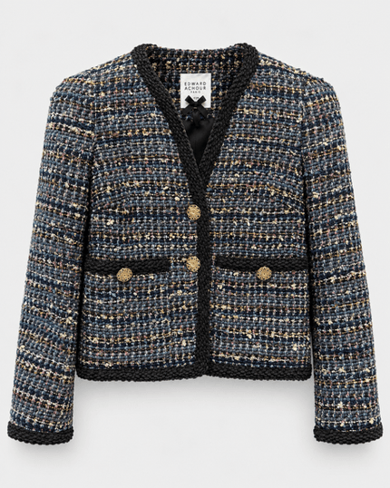 Edward Achour- Collarless Four-Pocket Tweed Jacket - Navy - Edit by Elaine Turner