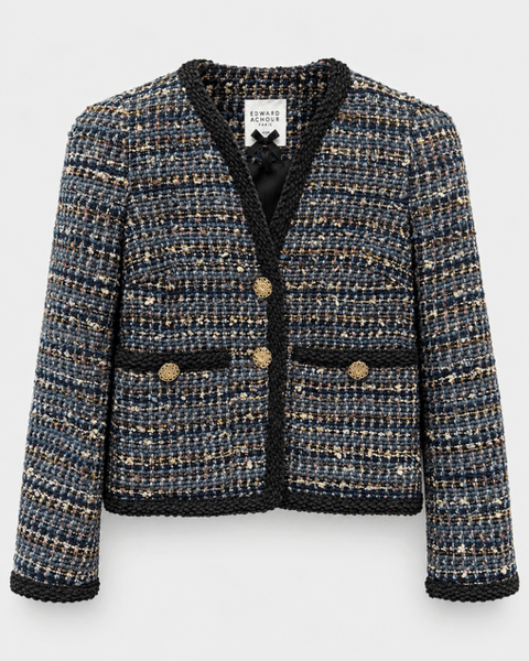 Edward Achour- Collarless Four-Pocket Tweed Jacket - Navy - Edit by Elaine Turner