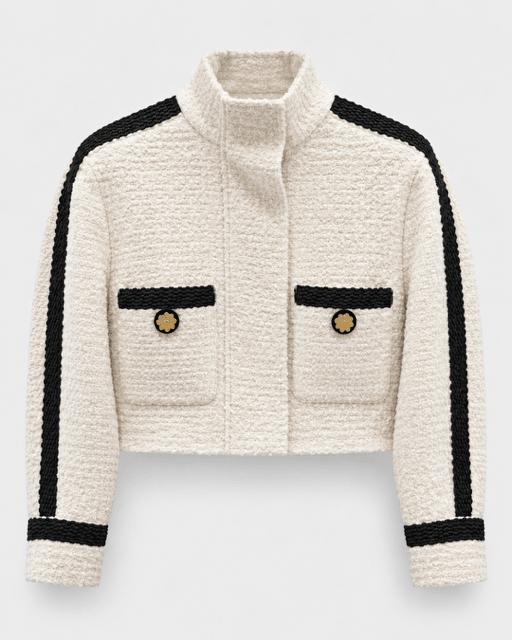 Edward Achour- Cropped Contrast Trim Boucle Jacket - Beige/Black - Edit by Elaine Turner
