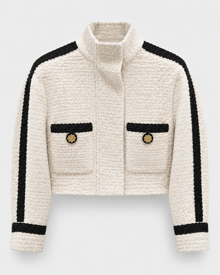 Edward Achour- Cropped Contrast Trim Boucle Jacket - Beige/Black - Edit by Elaine Turner