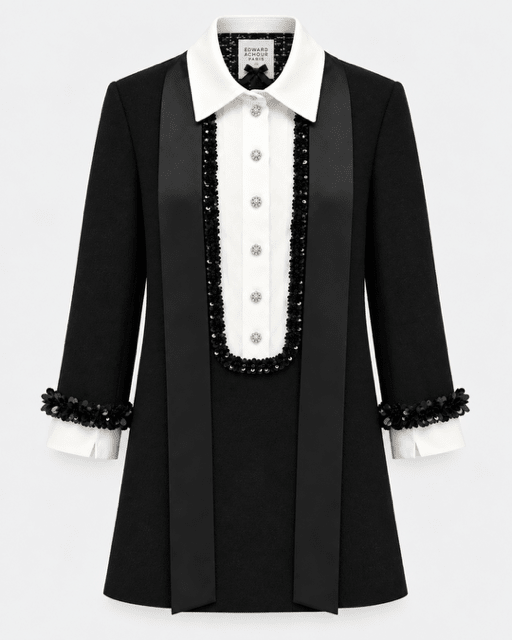 Edward Achour- Extended Length Shift Dress with Contrast Bib - Black - Edit by Elaine Turner