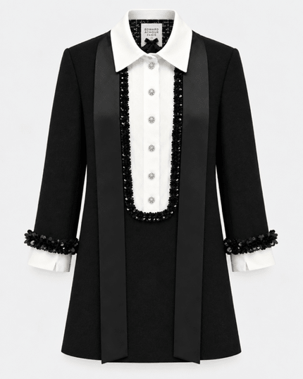 Edward Achour- Extended Length Shift Dress with Contrast Bib - Black - Edit by Elaine Turner