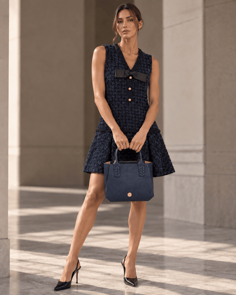 Edward Achour- Sleeveless Tweed Mini Dress with Ruffle Hem - Navy - Edit by Elaine Turner