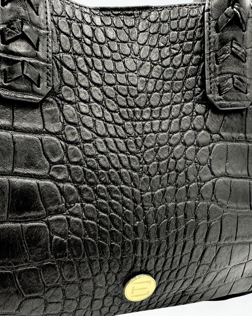 Elaine Turner- Mauney Satchel Bag- Black Embossed Croc - Edit by Elaine Turner