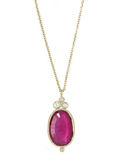 Emily Amey- Pink Ruby Necklace w/ Diamond Bubbles- 14k Yellow Gold - Edit by Elaine Turner