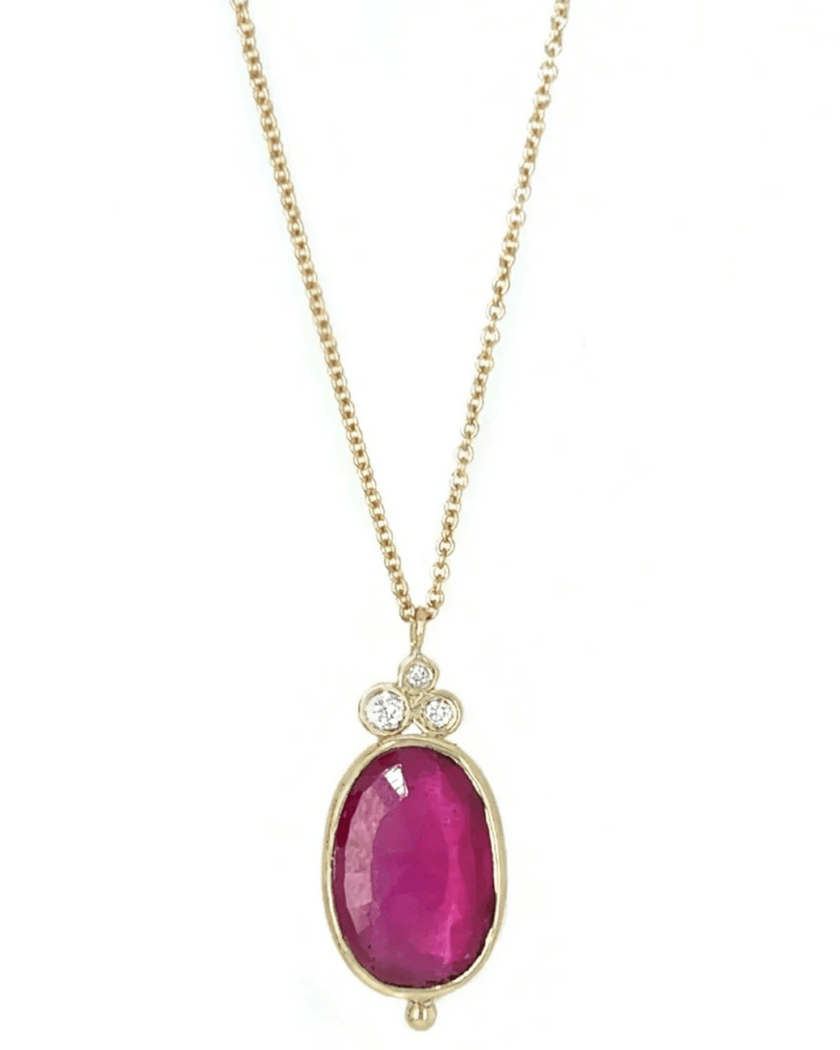 Emily Amey- Pink Ruby Necklace w/ Diamond Bubbles- 14k Yellow Gold - Edit by Elaine Turner