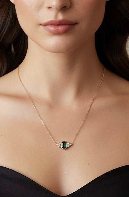 Emily Amey- Teal Tourmaline and White Diamond Necklace- 14k Gold - Edit by Elaine Turner