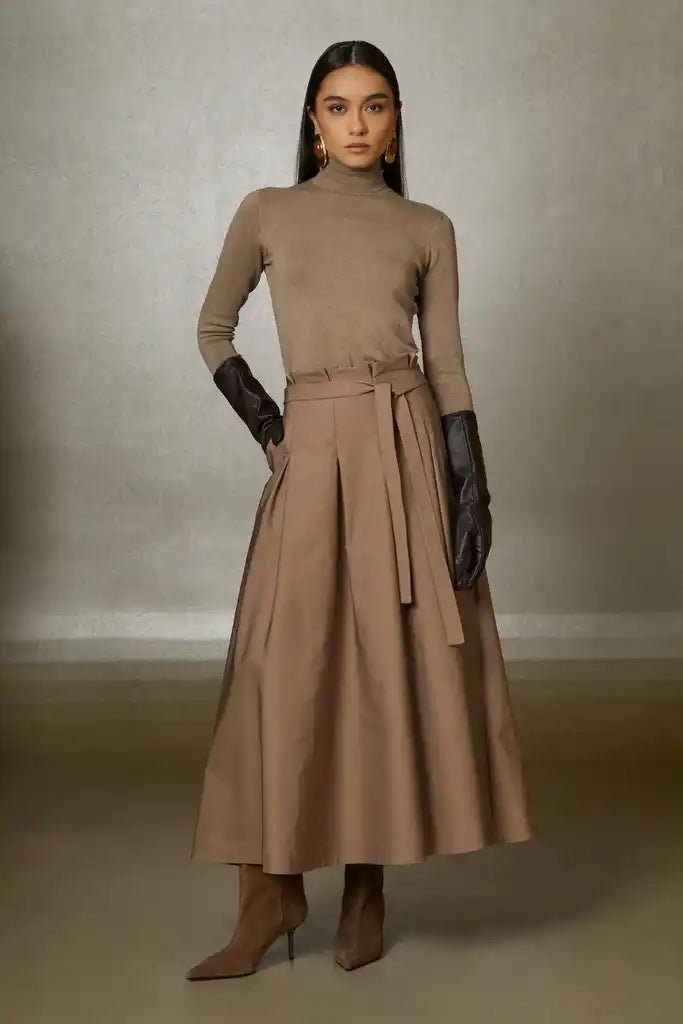 Gizia- Camel Pleated Midi Skirt with Belt - Camel - Edit by Elaine Turner