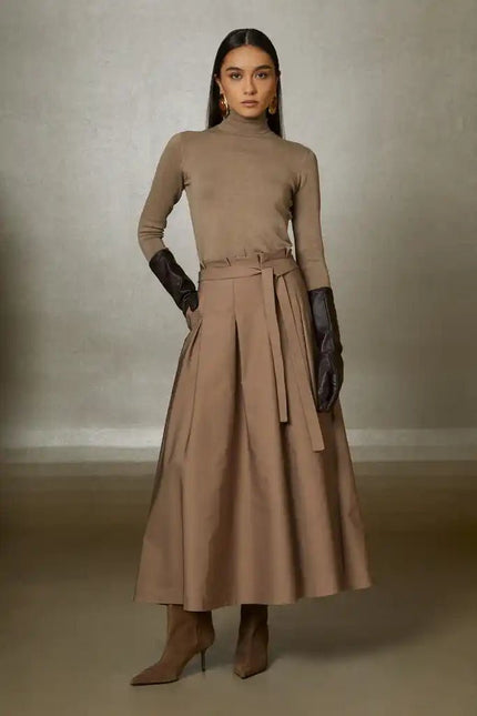 Gizia- Camel Pleated Midi Skirt with Belt - Camel - Edit by Elaine Turner