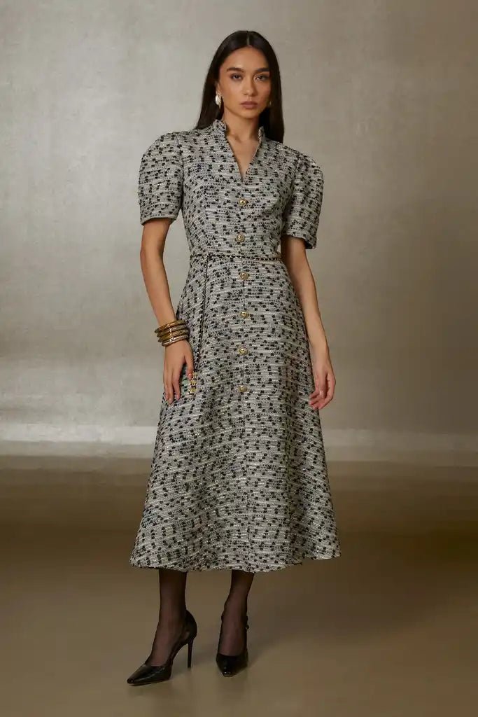 Gizia- Textured Tweed Midi Dress - Black - Edit by Elaine Turner