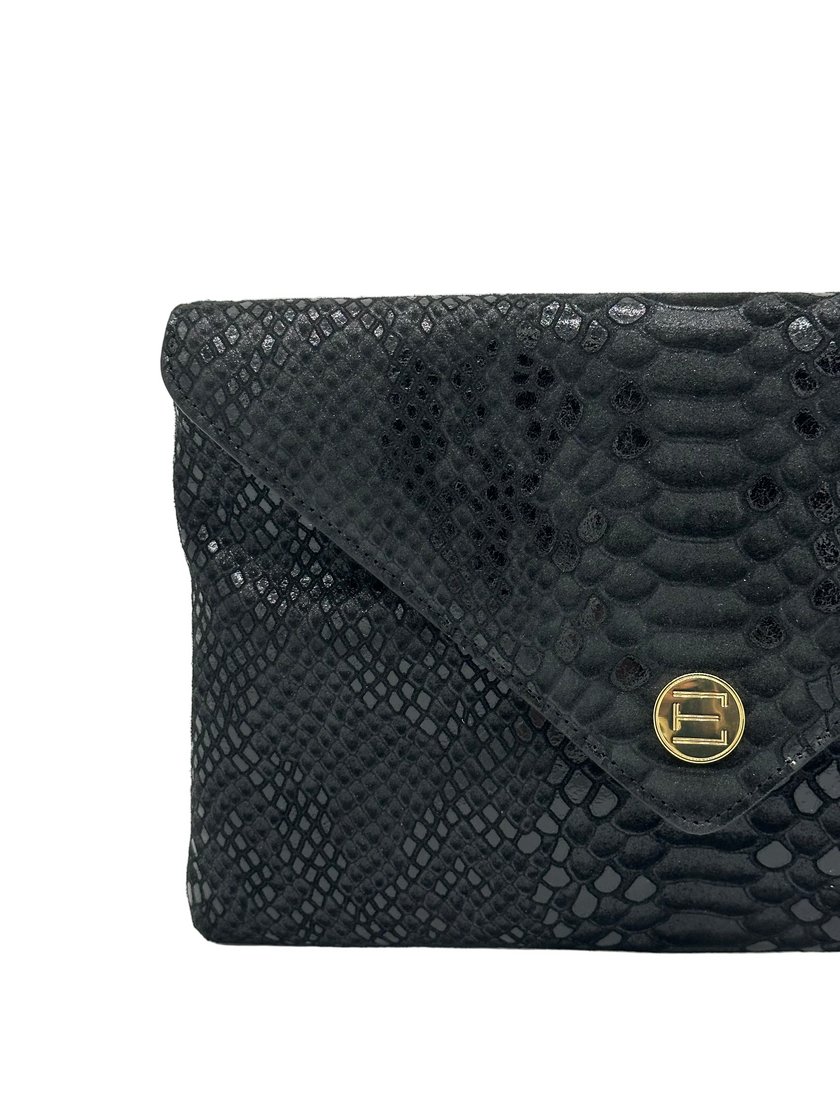 Bella Clutch- Metallic Black Lizard