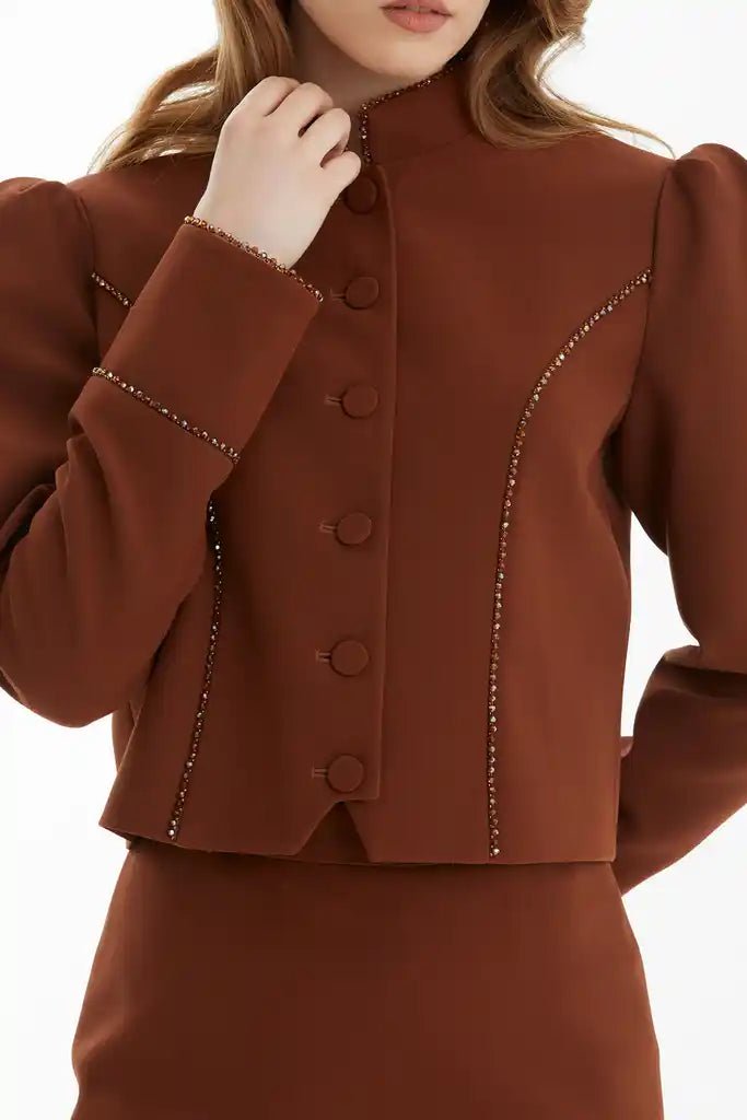 KIWE- Crystal Trim Cropped Jacket - Cognac - Edit by Elaine Turner