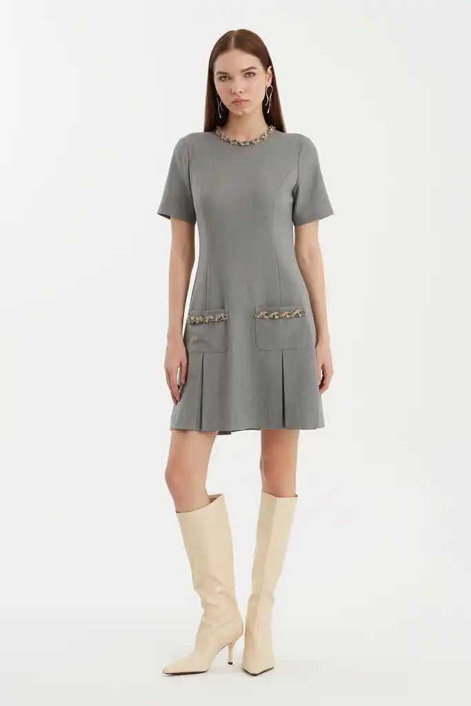 KIWE- Embellished Mini Dress - Grey - Edit by Elaine Turner