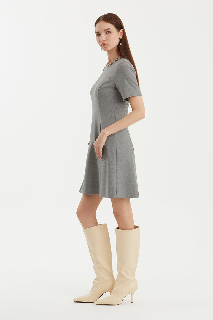 KIWE- Embellished Mini Dress - Grey - Edit by Elaine Turner