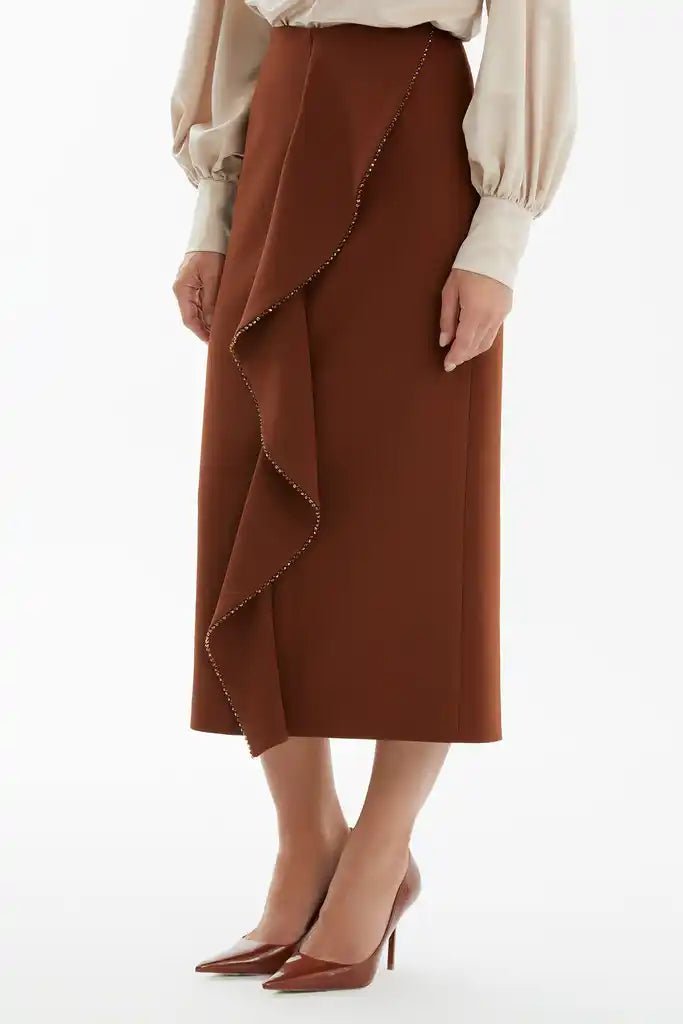 KIWE- Ruffle Front Midi Skirt - Cognac - Edit by Elaine Turner