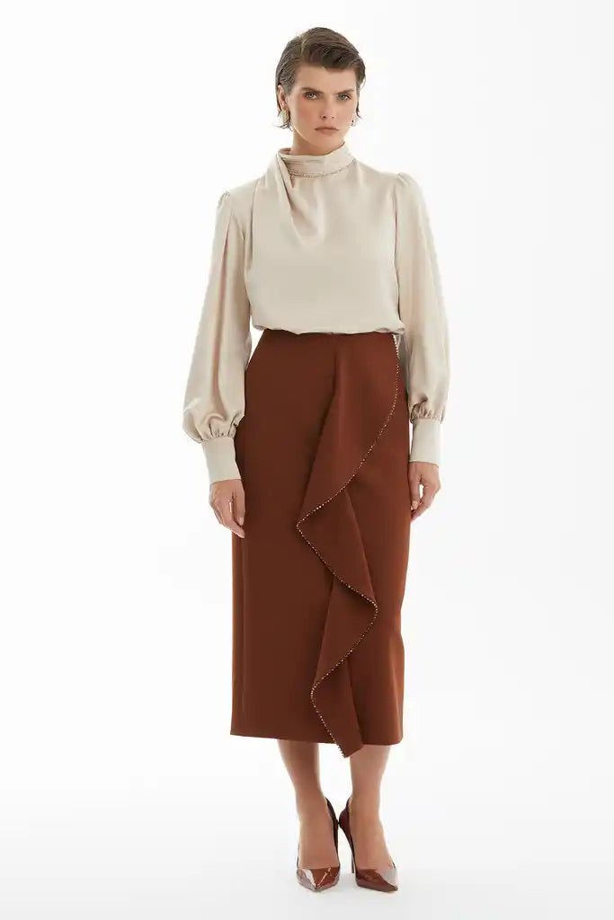 KIWE- Ruffle Front Midi Skirt - Cognac - Edit by Elaine Turner