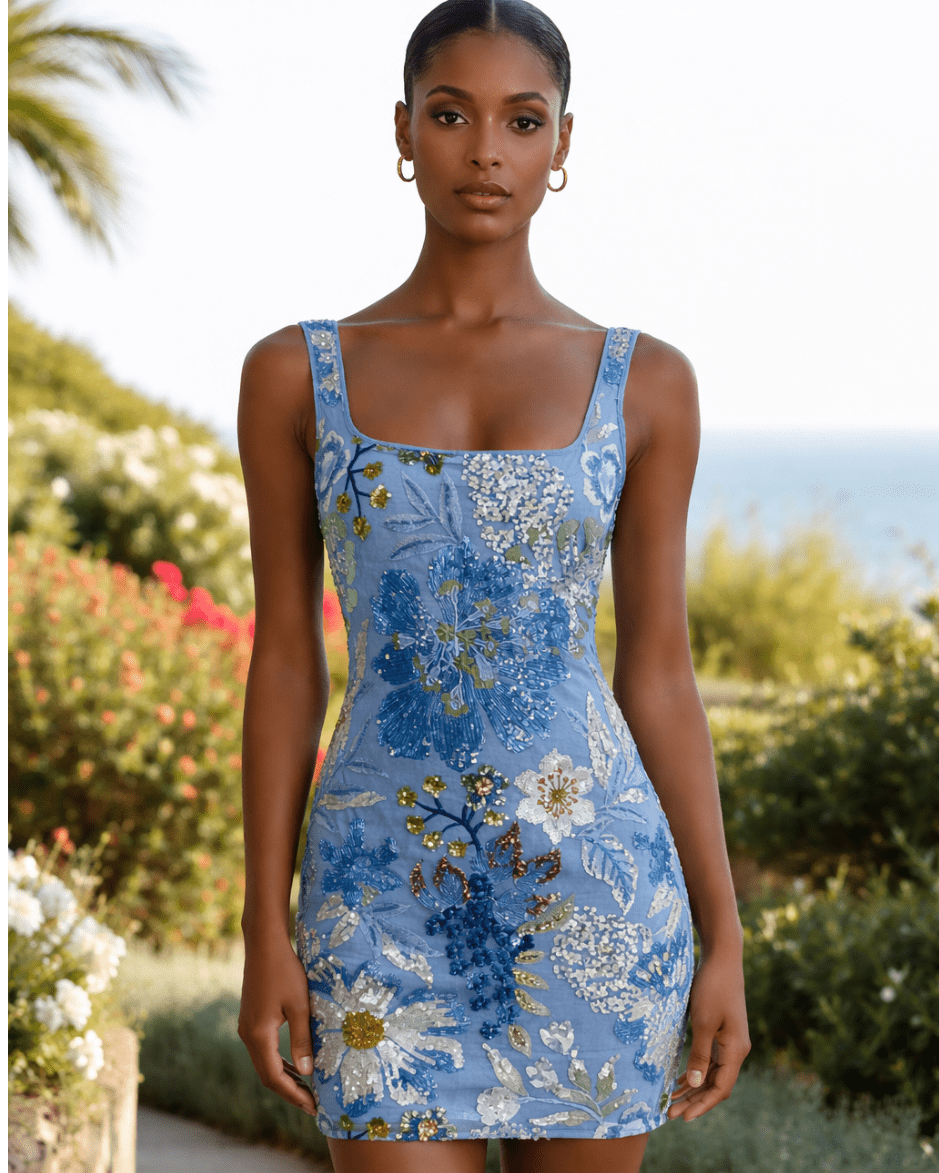 Le Superbe- Blue Sky Floral Sequin Mini Dress - Edit by Elaine Turner