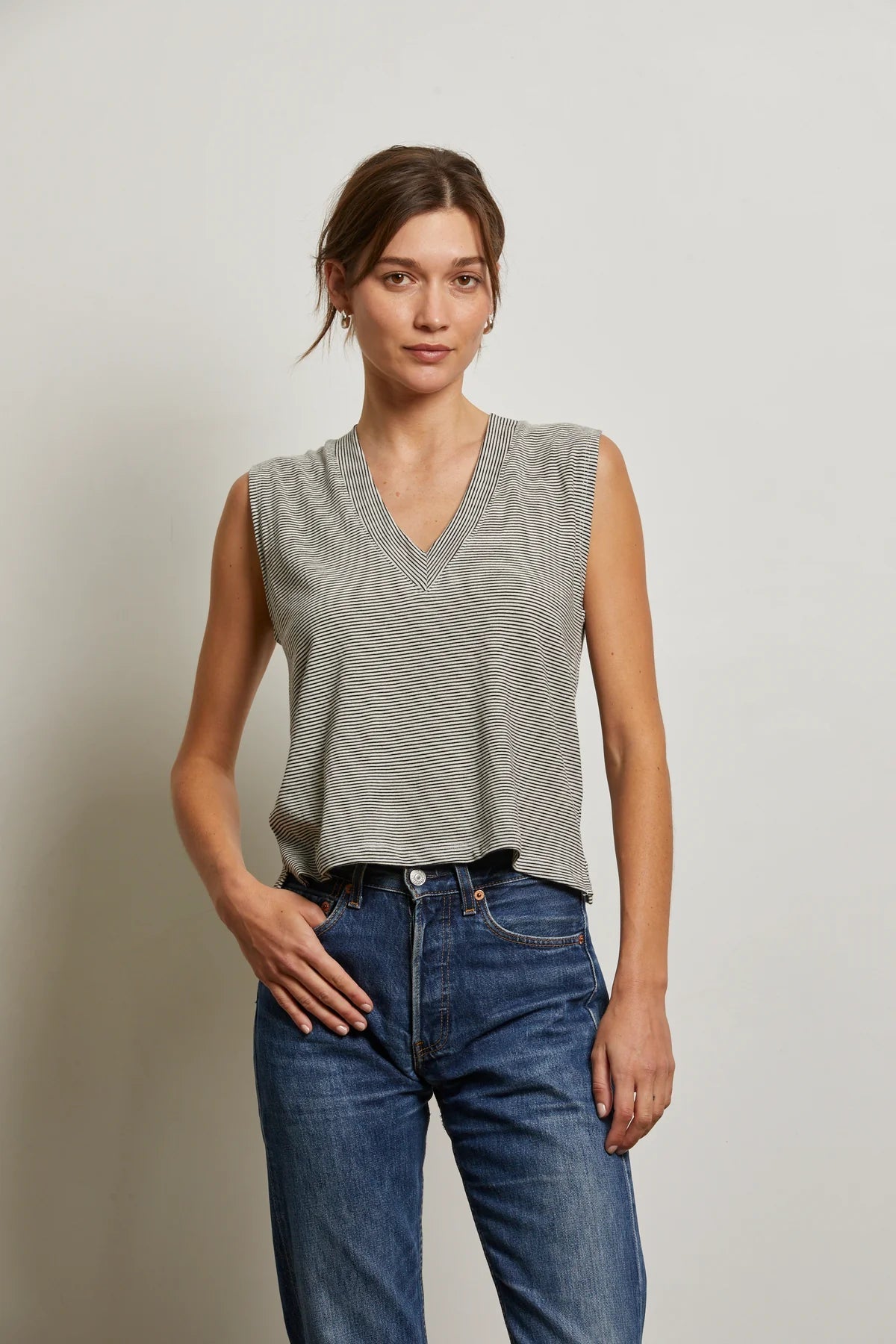 Lucy Stripe Linen Jersey V-Neck Tank - Edit by Elaine Turner