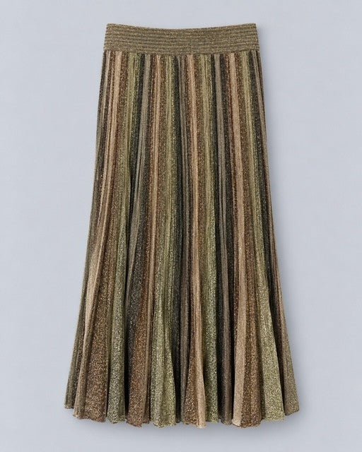 Maison Lurex- Gala Long Tricolor Pleated Skirt - Mordore/Antique Gold/Mocca - Edit by Elaine Turner