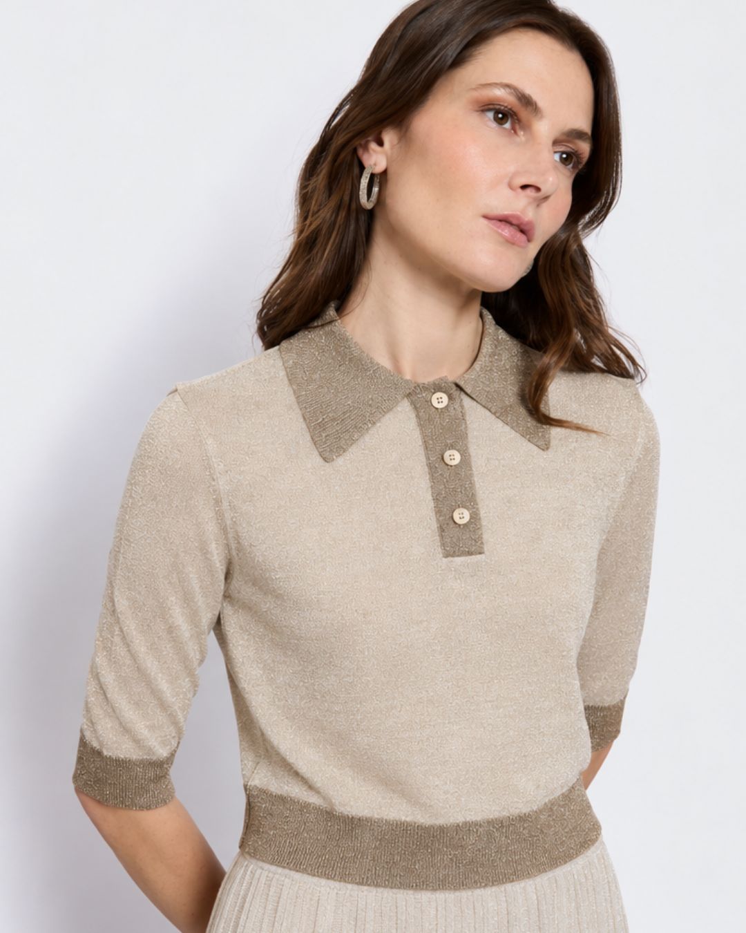 Maison Lurex - Gala Two-Tone Cropped Polo Shirt - Light Beige April Moon - Edit by Elaine Turner