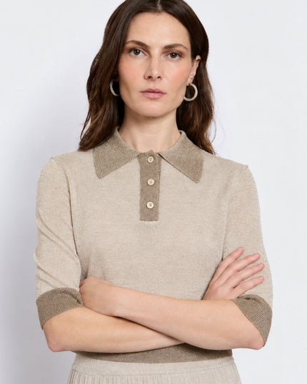 Maison Lurex - Gala Two-Tone Cropped Polo Shirt - Light Beige April Moon - Edit by Elaine Turner