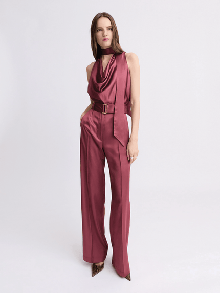 Matthew Bruch- Belted Wide Leg Trouser - Merlot Satin - Edit by Elaine Turner