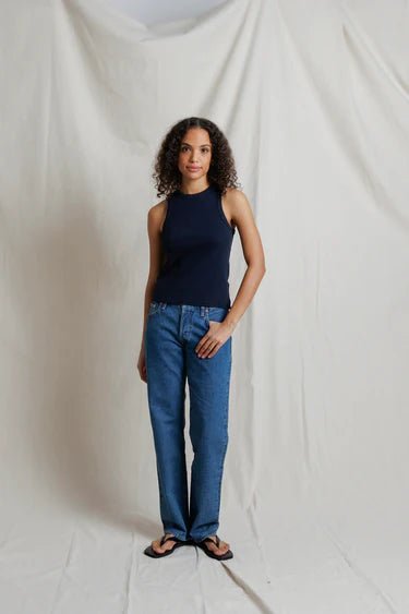 Perfect White Tee- Daphne Heavy Rib High Neck Tank- Navy - Edit by Elaine Turner