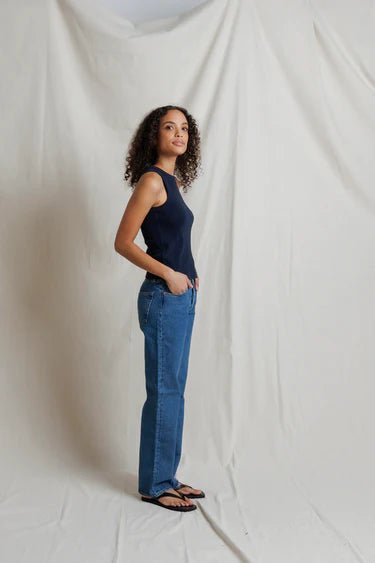 Perfect White Tee- Daphne Heavy Rib High Neck Tank- Navy - Edit by Elaine Turner