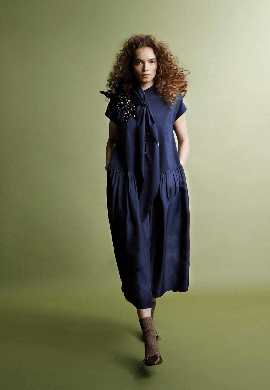 Psophia - Navy Poplin Embellished Midi Dress - Edit by Elaine Turner