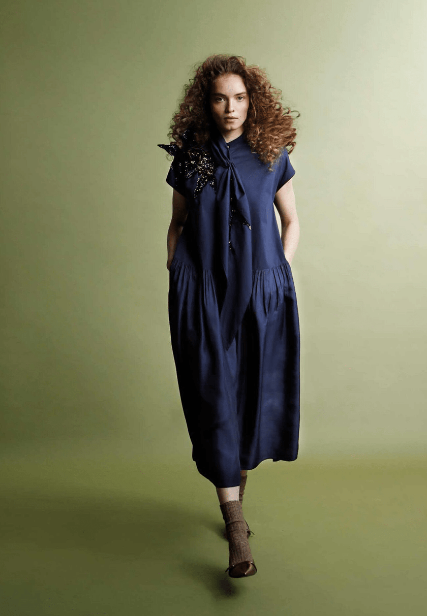 Psophia - Navy Poplin Embellished Midi Dress - Edit by Elaine Turner