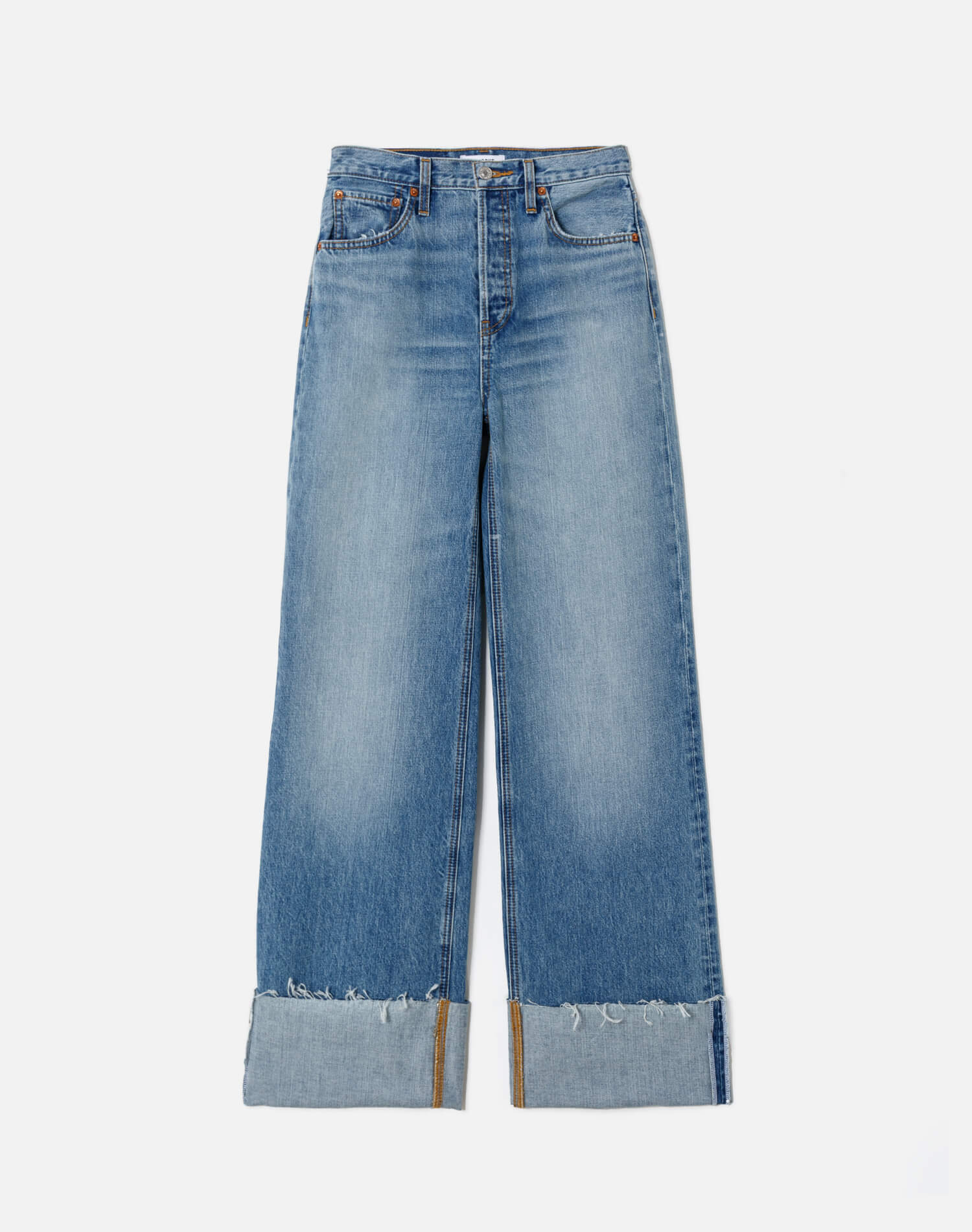 RE/DONE- High Rise Wide Leg Cuff Denim Jeans- Vintage Biker Blue - Edit by Elaine Turner